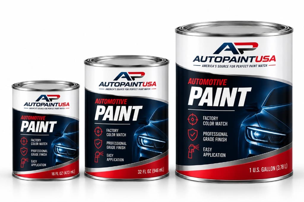 Auto Paint USA professional automotive basecoat paint cans in pint, quart, and gallon sizes