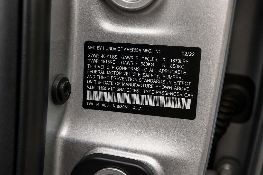 Close-up of a Honda door jamb sticker showing the VIN and paint color code on a silver car.